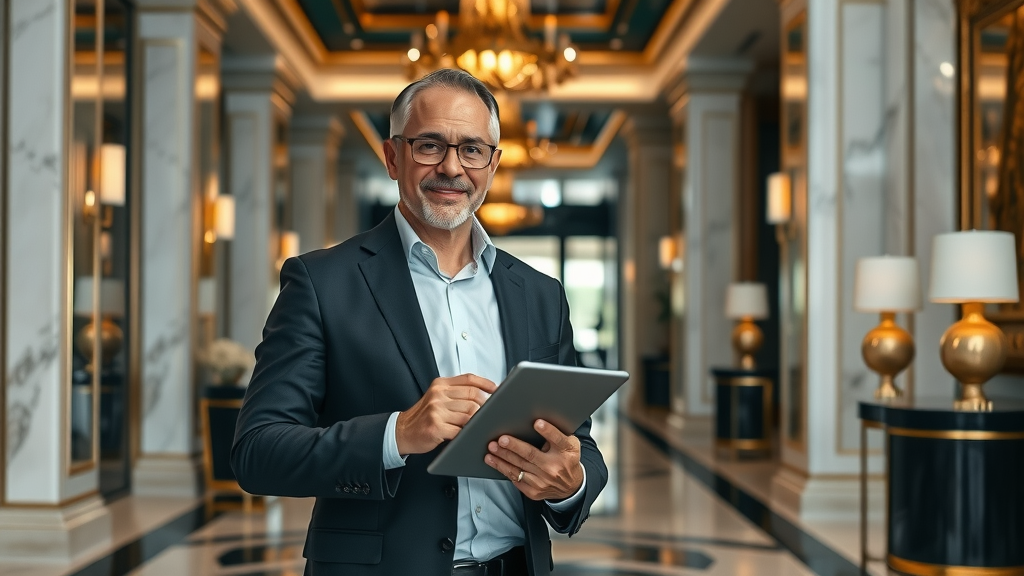 successful management consultant walking confidently through luxury hotel lobby holding tablet