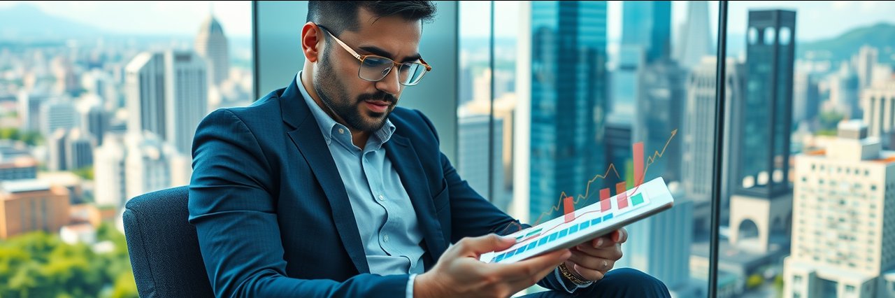 Business growth consultant analyzing trends in modern office with skyline view.