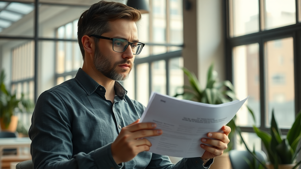 analytical entrepreneur reviewing consultant resumes and portfolios, business growth consulting