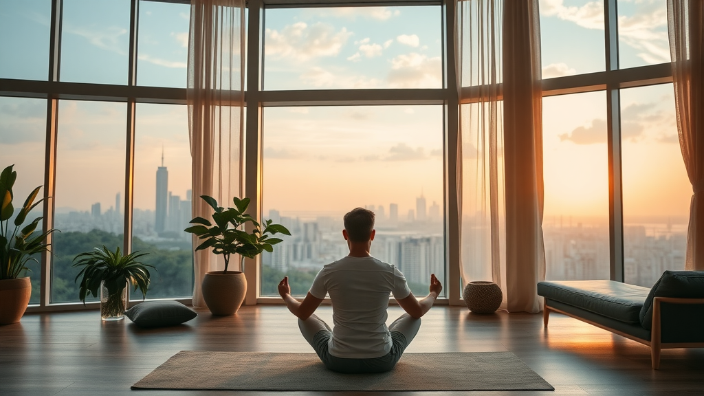 successful high income earners consultant meditating, luxury home, work-life balance, panoramic city view, financial plan, health and fulfillment, consulting career, serene