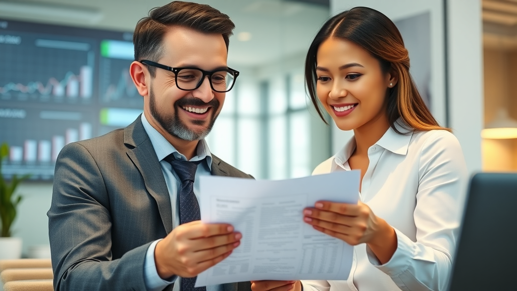 confident professional tax advisor, smiling, reviewing documents and calculations with a client, tax planning advisor, modern office background, financial charts on screen, well-lit