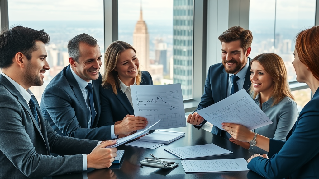 dynamic group of business professionals discussing high income earners strategies in a modern office with financial documents and city skyline