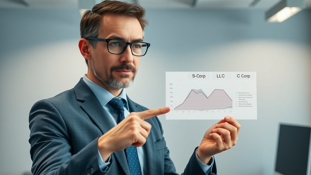 tax advisor comparing S-Corp, LLC, and C-Corp structures for high income entrepreneurs on digital chart