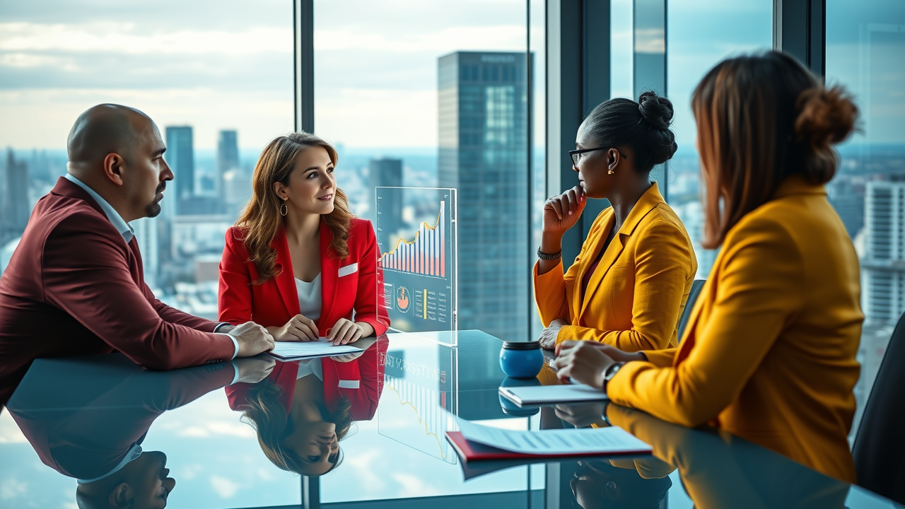 Business growth consultant presenting strategic solutions in modern high-rise office