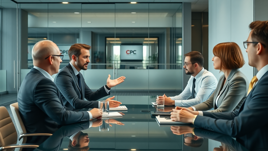 experienced consultant negotiating with executives, persuasive, consulting firm, management consulting, consulting team, negotiation, high income earner, glass-walled office