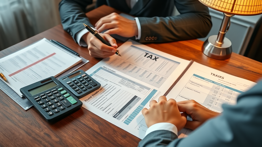 organized flatlay with tax documents, calculator, investment statements, showing high income earners strategies for tax planning on a wooden desk