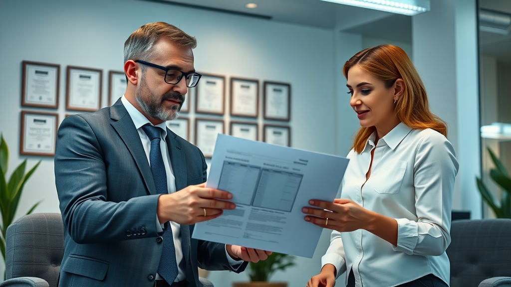 Estate plan - Financial advisor explaining estate documents to a married couple in a modern office