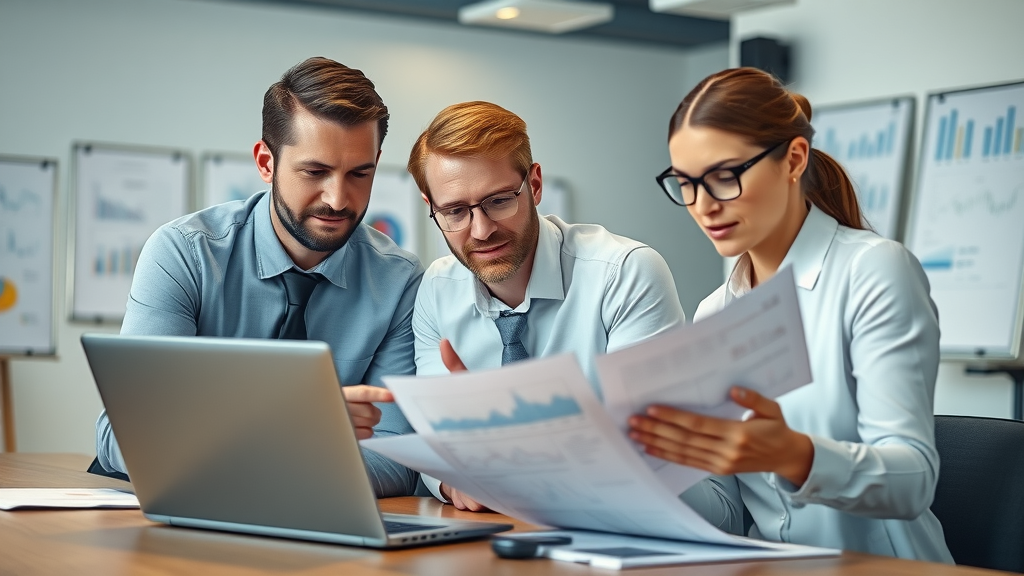 analytical business team collaborating over laptop and printed reports in modern office