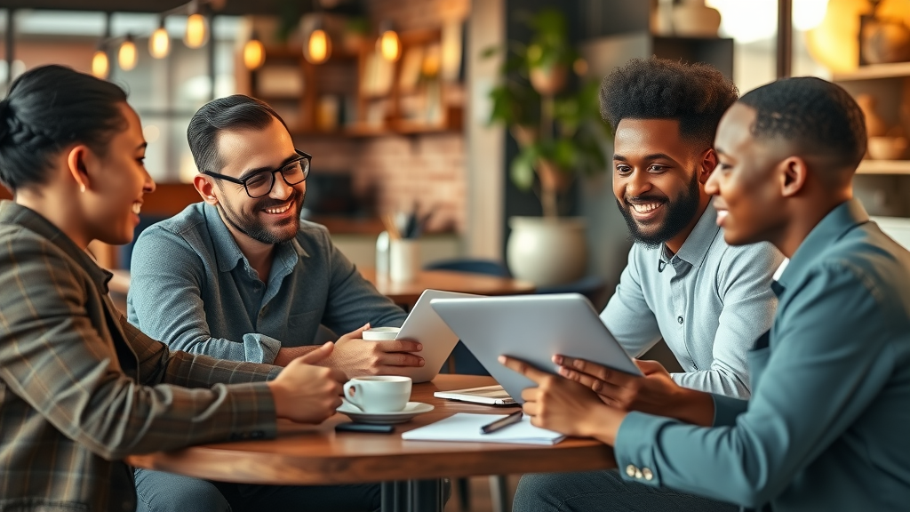 supportive business consultant meeting with diverse small business owners, reviewing business plan, business consulting services for startups