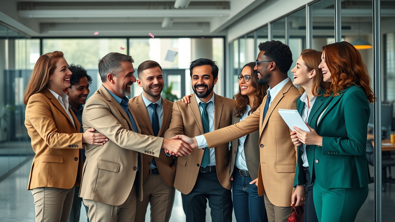 business growth handshake team celebrating strategic partnership success