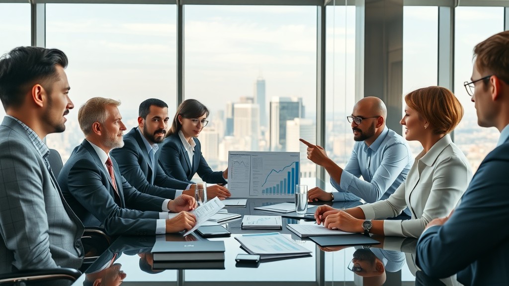 business consulting strategic planning executives in discussion with data charts