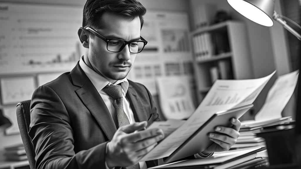 cost leader strategy: businessperson calculating costs and analyzing financial reports in an organized office
