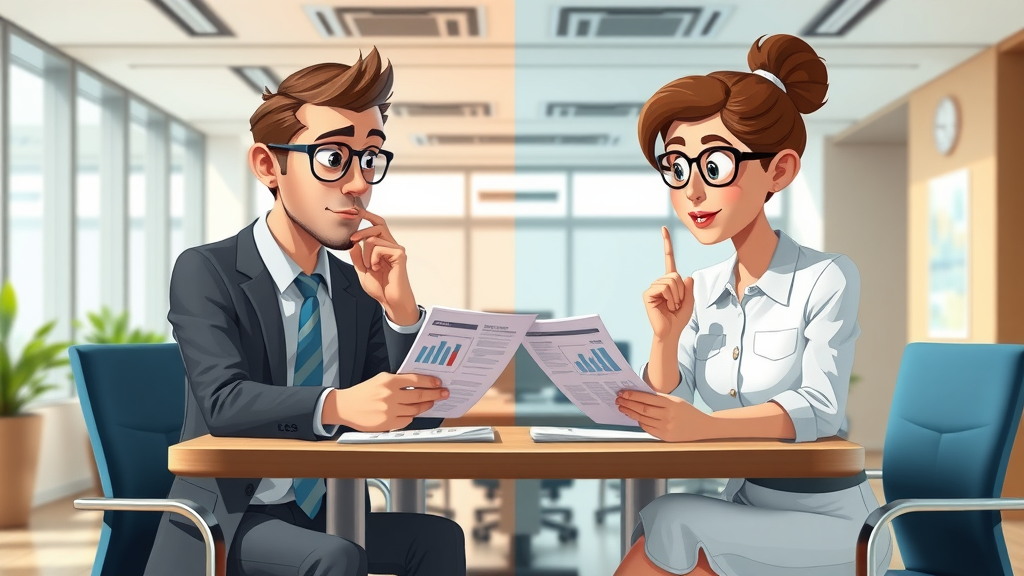 side-by-side comparison of tax advisor and tax planner, analyzing financial documents, vibrant contrast office background, animated clarity, tax planning advisor