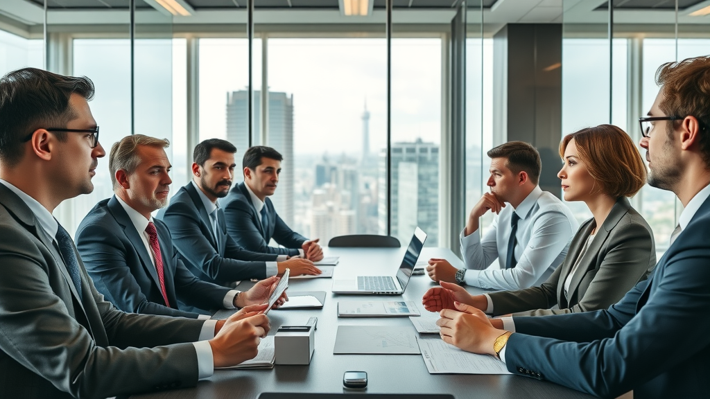 business strategy and consulting: Executives in a modern boardroom engaged in strategic discussion, with cityscape view