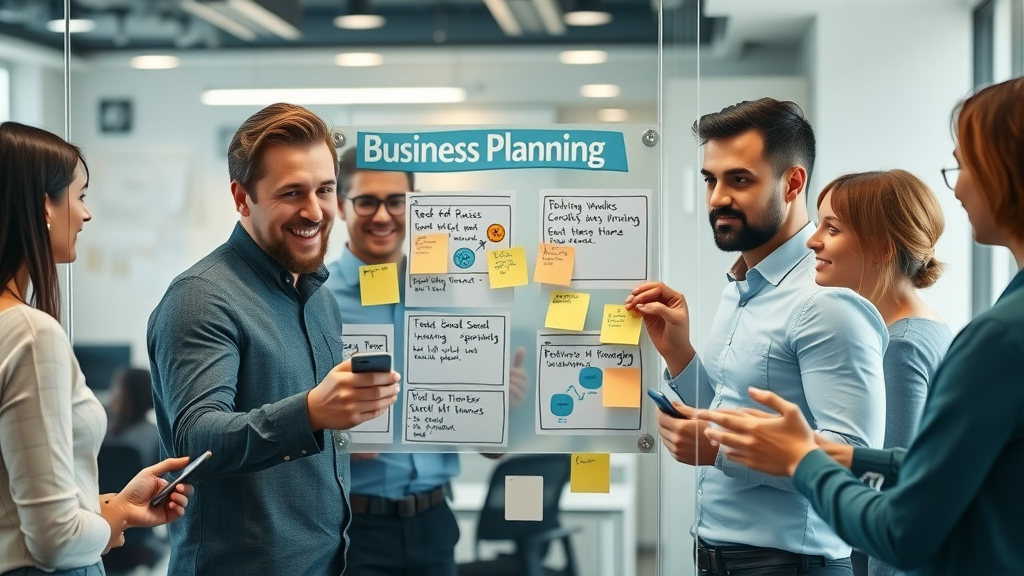 business consulting strategic planning process illustration with team mapping goals