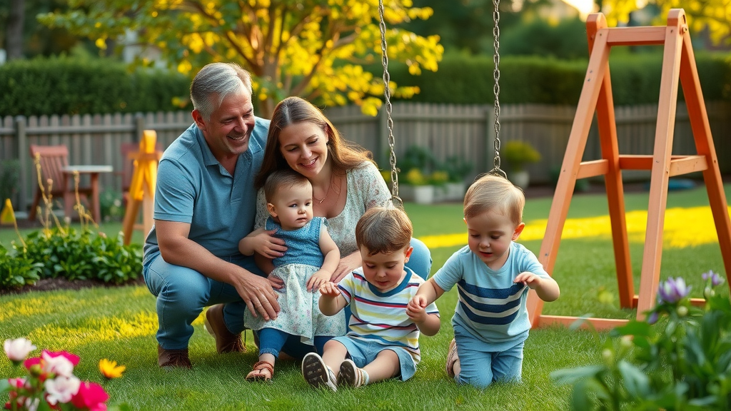 Estate plan - Caring parents overseeing minor children playing in a lush green backyard