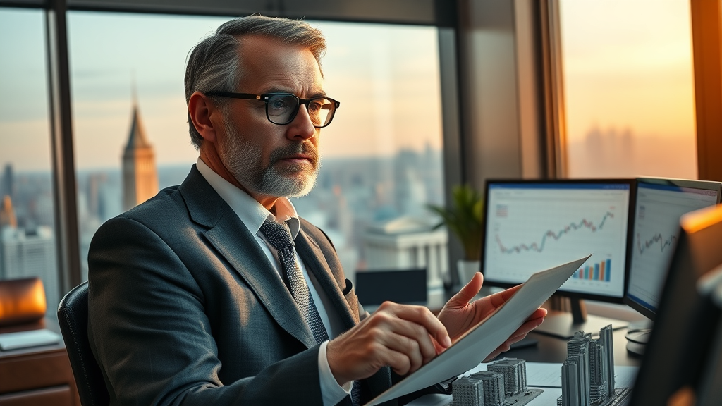 wealthy investor evaluating diversified portfolio with real estate models, bond certificates, and retirement account graphs as part of high income earners strategies