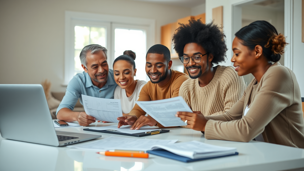 A modern diverse family at a kitchen table, focused on reviewing tax documents together for tax planning for individuals. Bright, naturally-lit living room, everyone cooperating with paperwork and laptops, using tax software. Expressions and body language realistic and natural.
