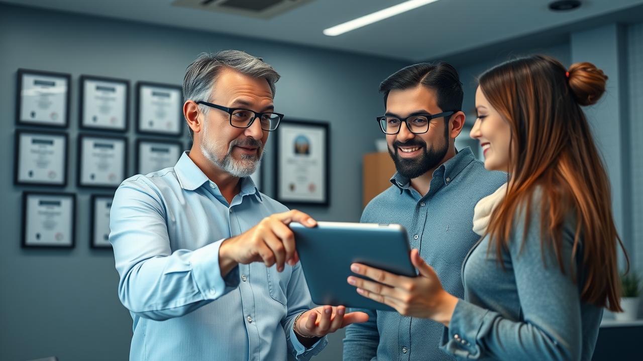 Professional tax advisor consulting with a young couple, pointing at a digital tablet displaying tax savings for tax planning for individuals. Modern office setting, valid natural expressions, and hands naturally positioned.