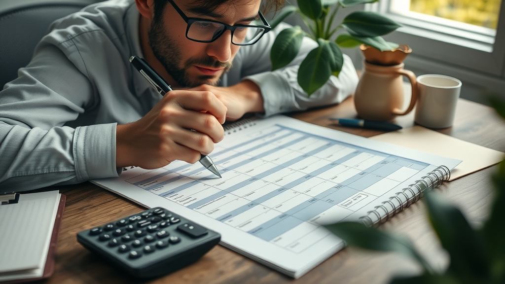 Close-up of an individual thoughtfully highlighting numbers on a budget planner and creating a tax plan, supporting tax planning for individuals.