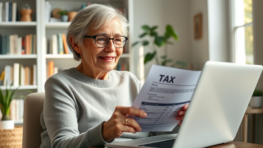 Smiling older woman holding a tax document and looking up standard deduction information online, emphasizing tax planning for individuals.