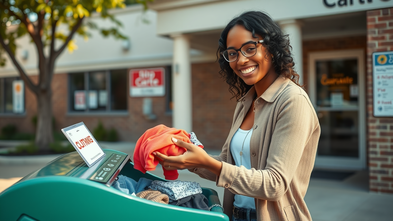 Young professional making clothing donations at a charity bin, representing the use of charitable contributions in tax planning for individuals.
