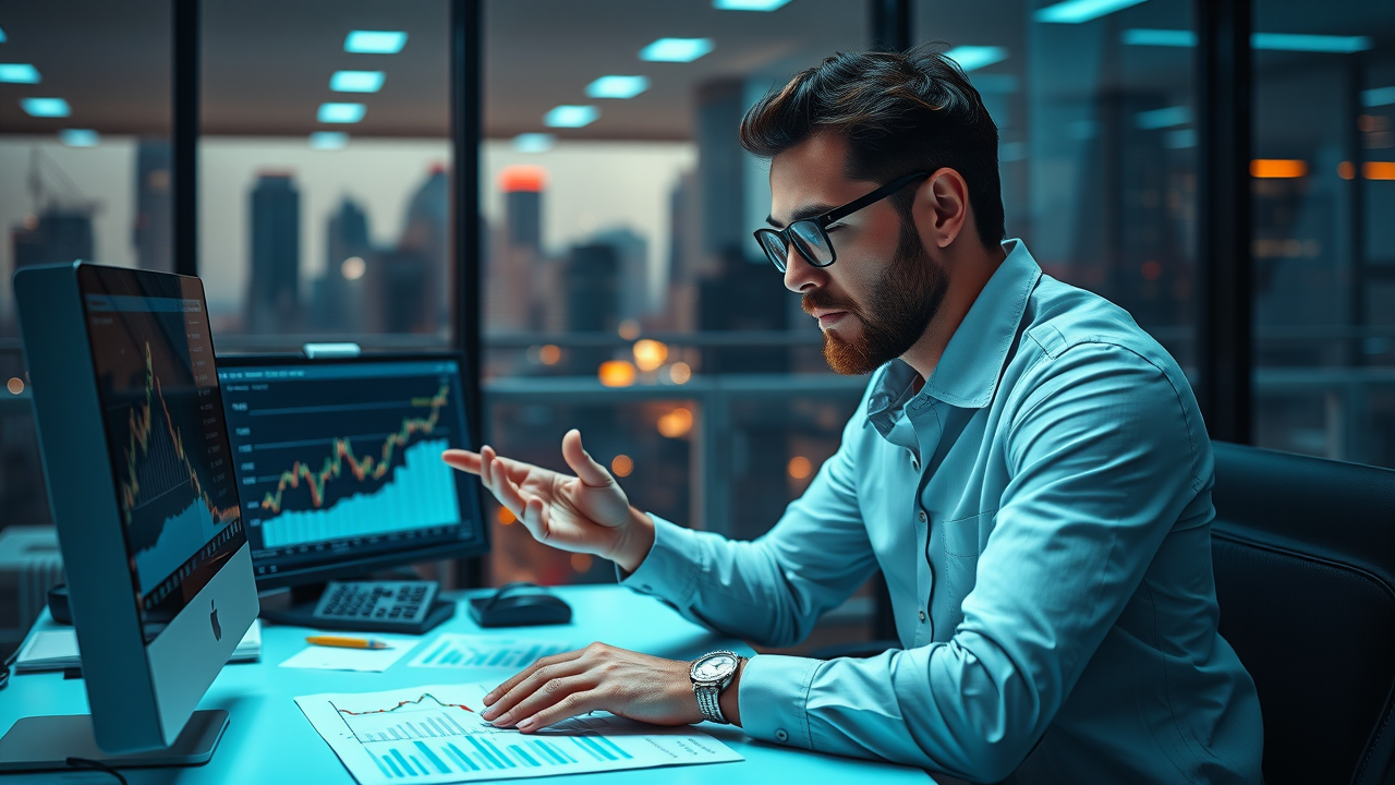 Financial advisor explaining capital gains and losses to a client, discussing tax planning for individuals at a desk with financial charts on a screen.