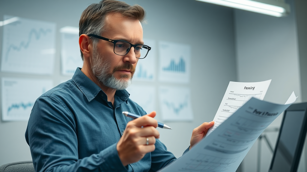 Middle-aged entrepreneur reviewing income charts while making notes about changes in tax brackets for tax planning for individuals.