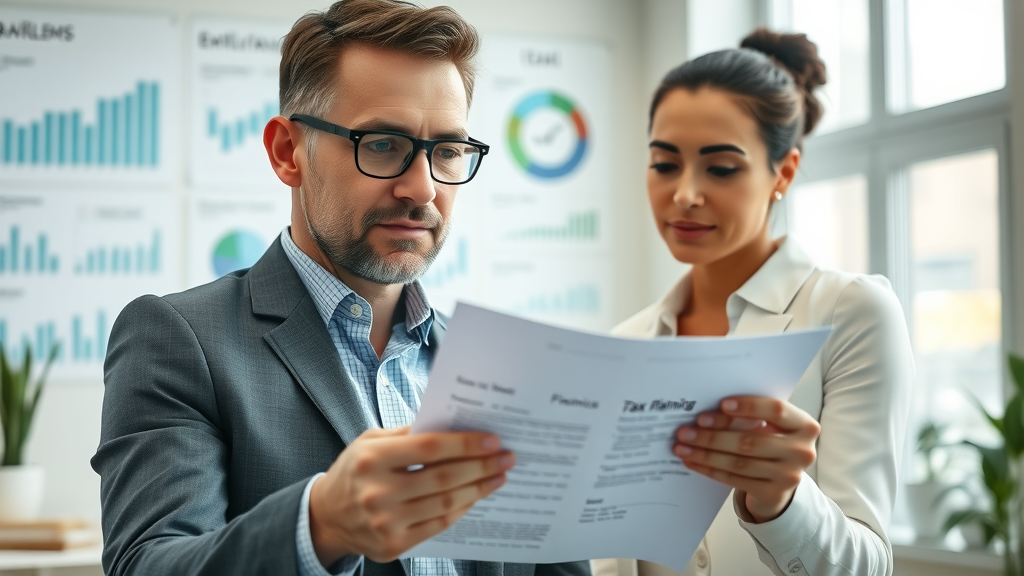 Professional financial advisor reviewing tax planning documents with a client, modern office, financial charts, tax planning