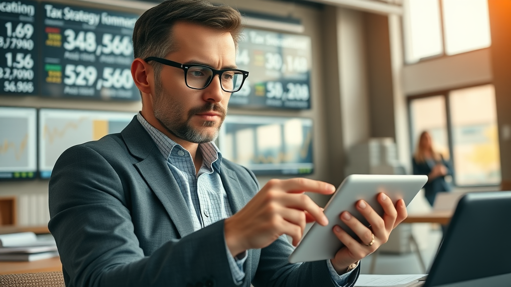 Engaged financial analyst creating a tax strategy on a digital tablet, tax law books, tax planning technology