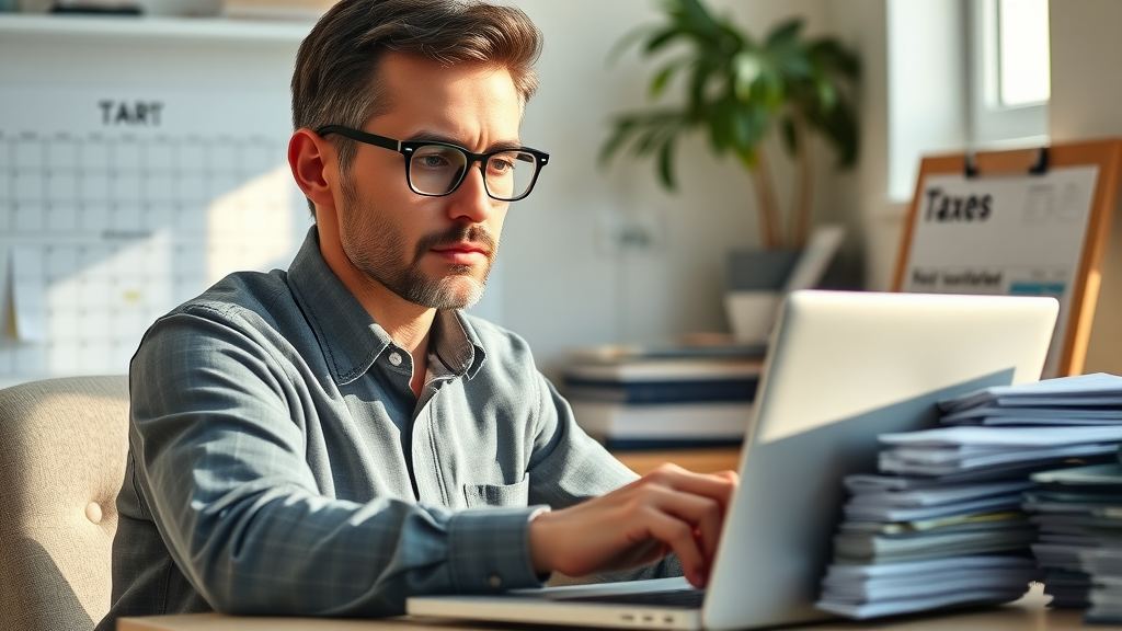 Organized individual e-filing taxes with labeled folders in a tidy home office, tax filing strategies
