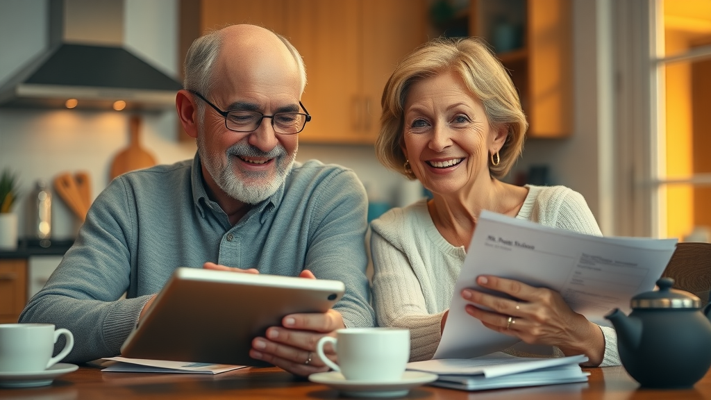 Smiling senior couple reviewing IRA retirement account statements, kitchen table, retirement tax planning