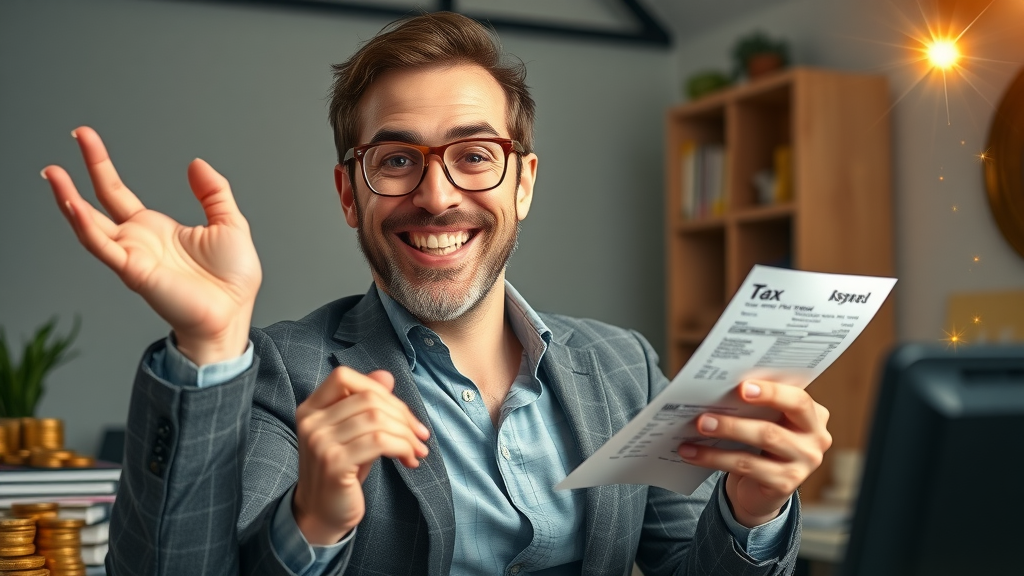 Motivated business owner celebrating successful tax planning, vibrant office, approved receipts, tax planning strategies