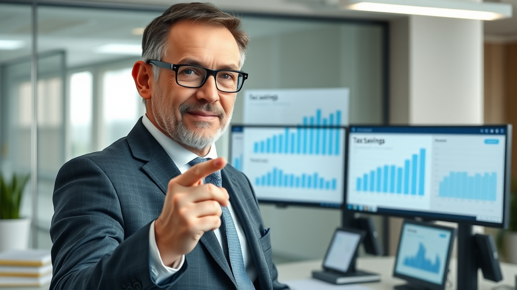 Authoritative financial advisor pointing at a digital chart displaying tax savings for tax planning strategies.