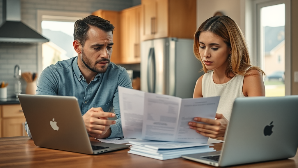 Concerned American family reviewing bills together at a kitchen table while discussing tax planning strategies.