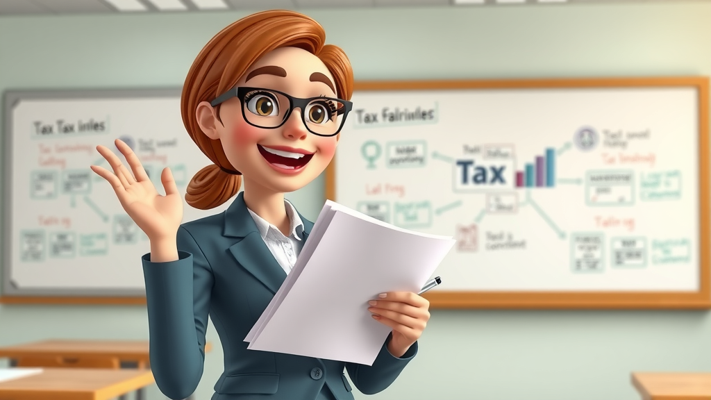Professional female narrator holding tax forms and a pen, illustrating tax planning strategies concepts on a classroom whiteboard.