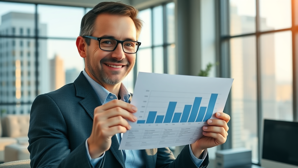 Professional financial consultant smiling and showing a graph with compounding savings from effective tax planning strategies.