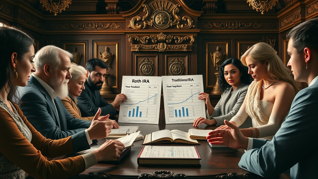 Diverse group of people comparing Roth IRA and Traditional IRA charts for effective tax planning strategies.