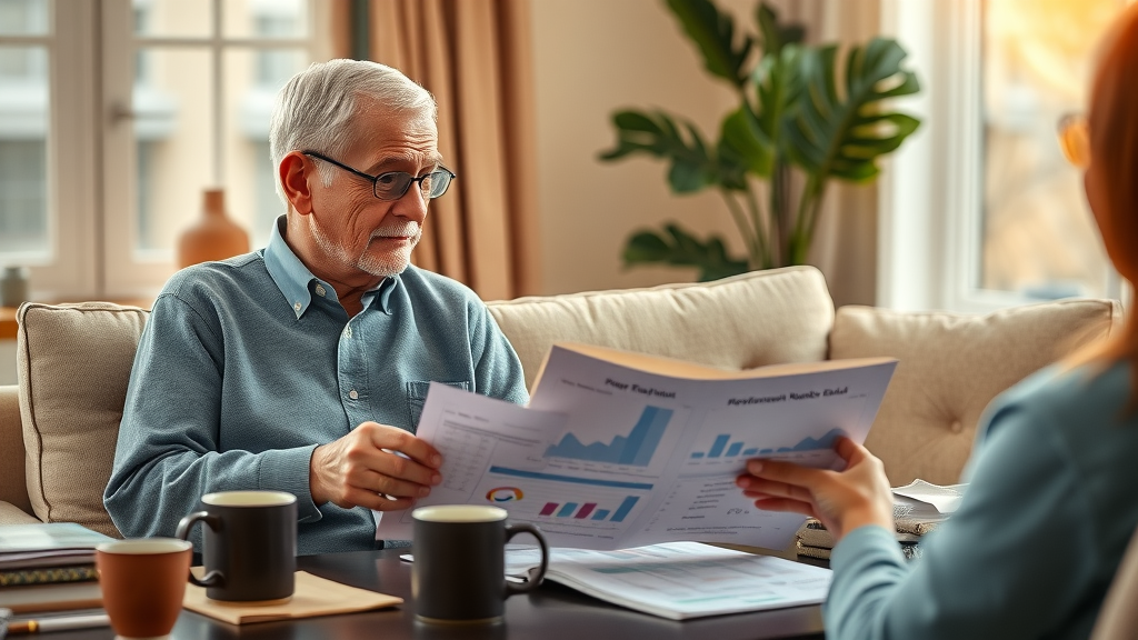 Elderly couple reviewing retirement portfolio with advisor, discussing minimum distributions and Roth conversions as tax planning strategies.