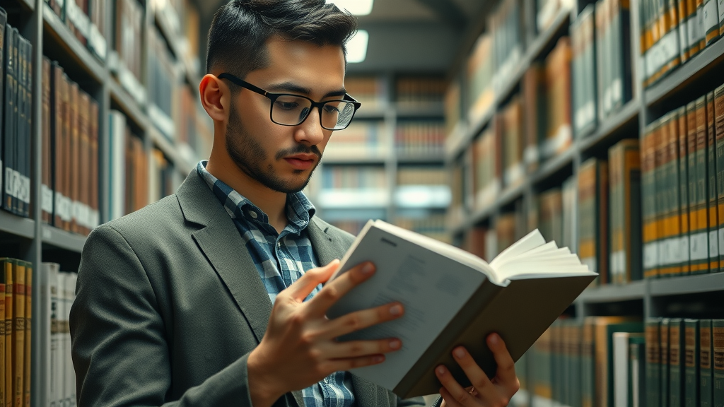Young professional examining tax code books and strategies for optimizing tax planning.
