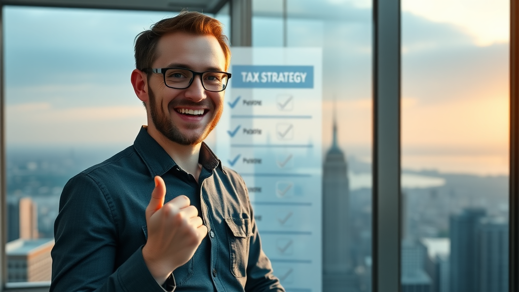 Motivated entrepreneur standing in front of a digital checklist reviewing tax planning strategies.