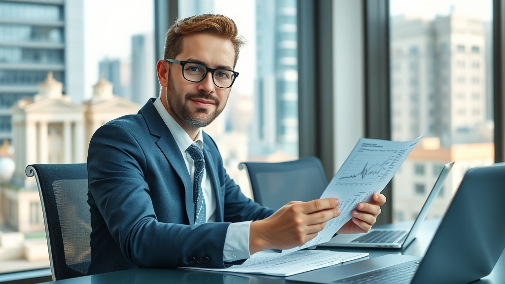 Professional financial consultant reviewing tax documents for tax optimization with digital charts at a modern office desk