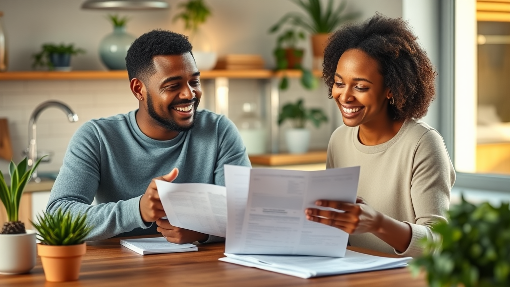Diverse couple planning tax optimization strategies and reviewing tax returns at kitchen table