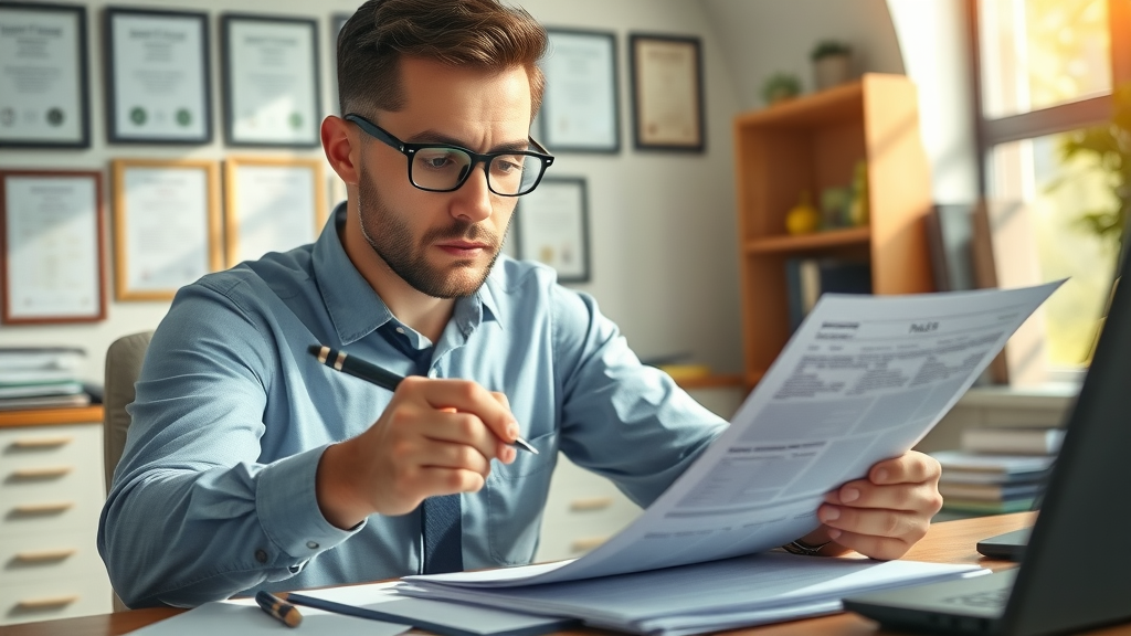 insightful professional taxpayer reviewing financial documents for tax credits at a tidy office. Natural light, certificates on wall, organized desk.