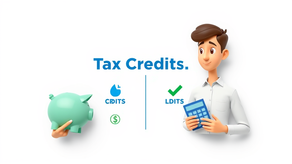 infographic illustrating tax credits vs tax deductions, with icons of piggy bank, calculator, dollar bill, blue and green palette. Visual comparison of credits and deductions for income tax.