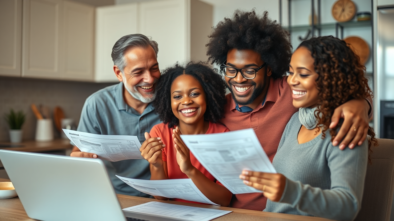 Diverse family celebrating income tax refund after claiming earned income tax credit. Lively kitchen, paperwork on table, all smiles. Tax credits joy at home.