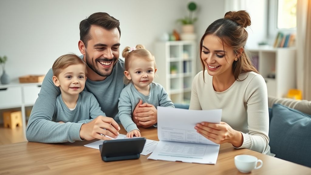 Happy parents with two kids budgeting at home for child tax credit. Living room scene, calculator, paperwork, natural daylight, children