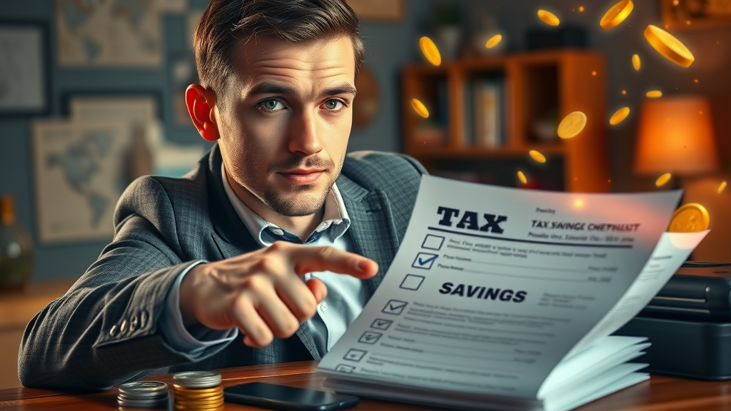 Young professional man pointing at a glowing tax savings checklist symbolizing actionable tax saving tips