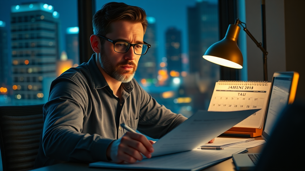 Motivated business owner working late to take action on tax saving tips before the deadline