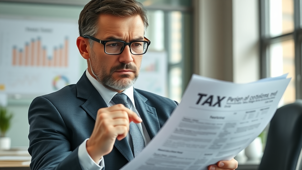 Concerned business executive reviewing corporate tax planning documents in office, showing financial charts and paperwork